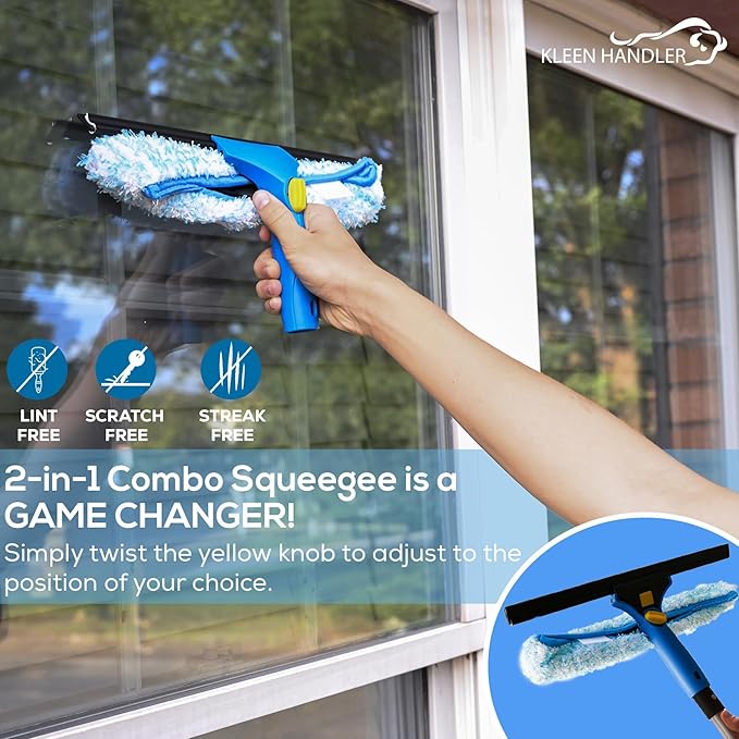 Kleen Handler 3 Pack Professional 14” Window Washing Squeegee, 2-in-1 Window Cleaning Tool, Scrubber and Squeegee Combo, Glass Shower Bathroom Car Pro Window Cleaner (Pack of 3)