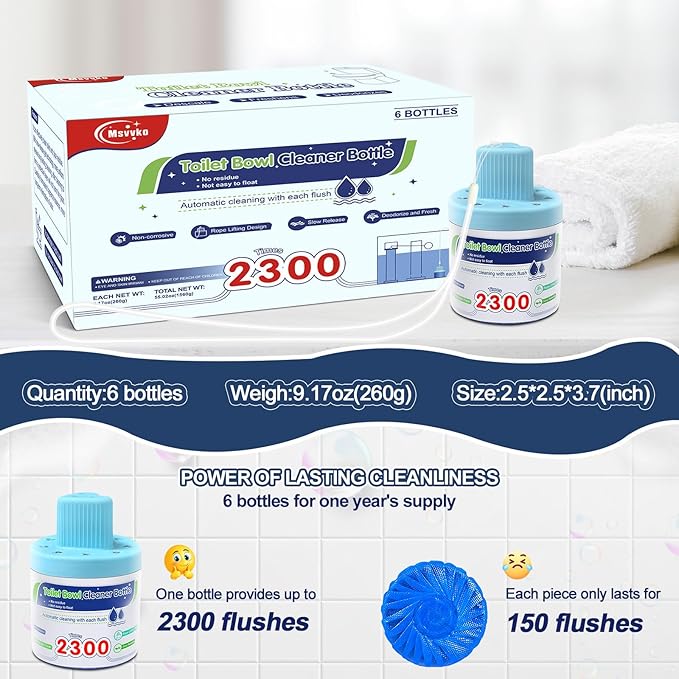 Toilet Bowl Cleaners, Automatic Long-Lasting Blue Toilet Cleaner Bottle, Septic Safe Toilet Bowl Tablets in Bottles, Fresh Bathroom & Deodorize, 9 Pack, 2300 Flushes Each