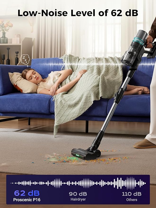 Proscenic Cordless Vacuum Cleaner, 550W 45KPA 55Mins Runtime, 180°Bendable Wand, Stick Vacuum with Green LED, Tangle-Free Brush, Rechargeable Lightweight Vacuum Cleaners for Home, Pet Hair, P16(Grey)