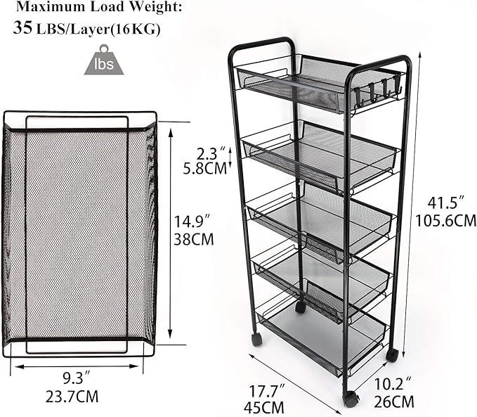 JANE EYRE 5-Tier Rolling Utility Storage Rack Cart on Wheels, Trolley Craft cart, Multi-Purpose Organizer Shelf, Black