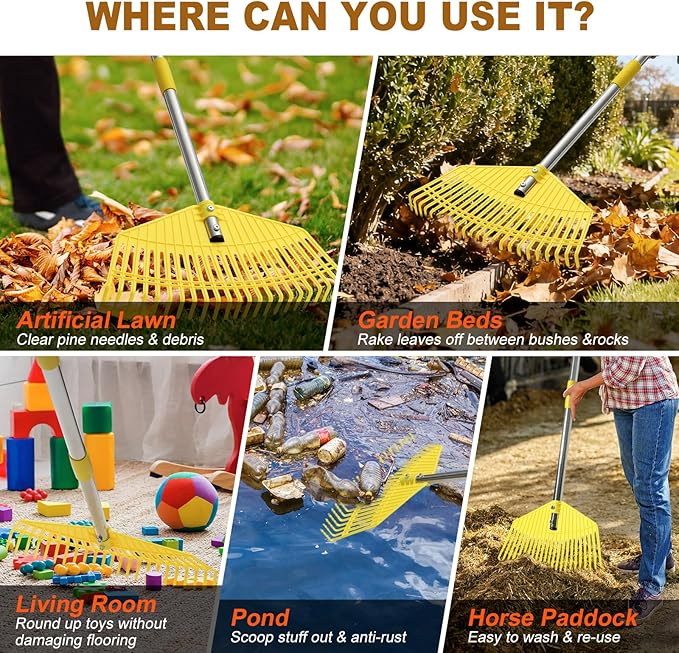 Leaf Rake - 17" Wide Nylon Plastic Head,65" Adjustable Handle,Heavy Duty for Leaves,Grass,Pine Needle,Mulch, Small Debris,Lawn-Friendly Tines,Lightweight for Women,Seniors & Kids