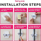 Combo 5 Slot Broom Holder w/ 1 Self Adhesive Mop Gripper No-Drilling, Wall Mount Tool Organizers For Kitchen, Garage, Laundry Room- Anti-Slip Hanger For Brooms, Mops, Rakes, Dustpans (Grey / White)
