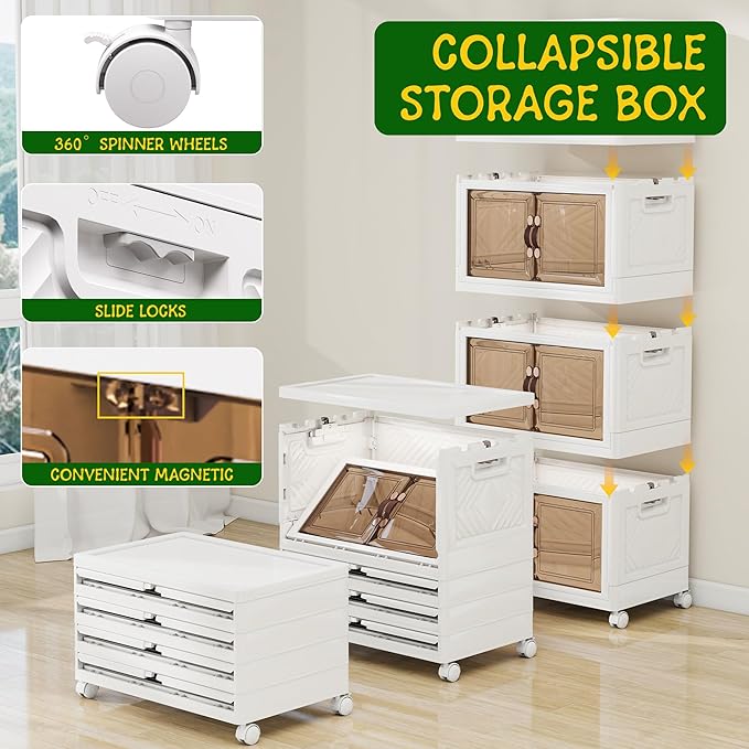 Storage Bins with 2 Lids and Wheels, 990QT-165QT*6Tier Collapsible Bathroom Storage Cabinet with Clear Doors, Plastic Stackable Closet Organizers and Containers White