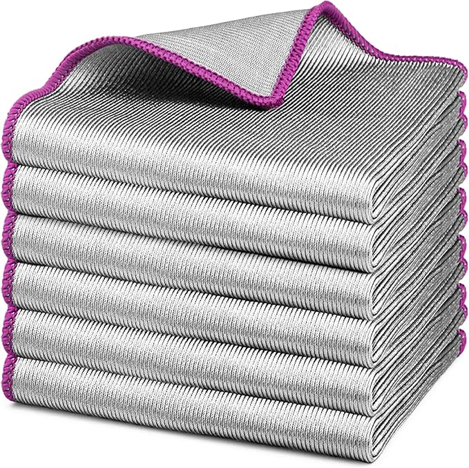 Microfiber Cleaning Cloth Polishing Glass Cleaner Absorbent Kitchen Towel Quick Drying Miracle Lint Free Rags for Household Auto Detailing Bathroom, Pack of 6, 12 x 12 Inch, Sliver-Purple