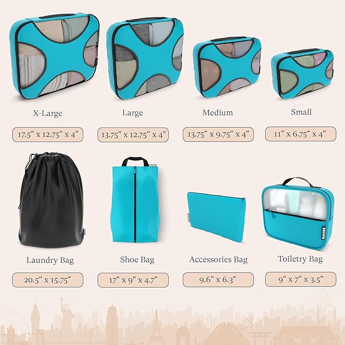 Shacke Premium 8 Packing Cubes Set - Lightweight Mesh Travel Luggage Organizers with Laundry Bag, 8-Piece Suitcase Storage System (Aqua Teal)