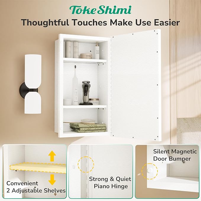 TokeShimi 21x27 Recessed Medicine Cabinet with Mirror, White Bathroom Medicine Cabinet with Mirror, Bathroom Beveled Mirror with Storage, Aluminum Frame, Stepless Adjustable Shelves