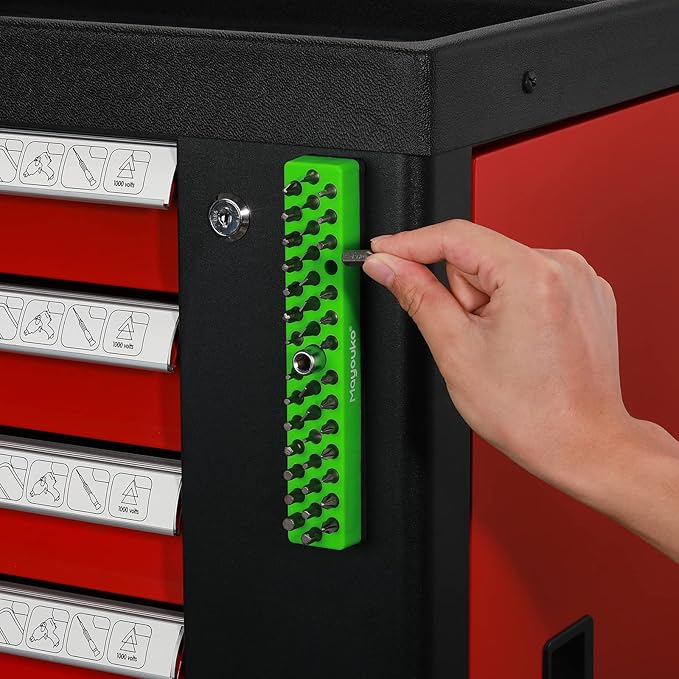 Mayouko 1/4" Magnetic Hex Bit Holder Rack Organizer, 43 Holes, 1/4-Inch Drill Bit Holder, Green, 2 Racks, Magnetic Bit Holder with Magnet Base for Screwdriver Bits