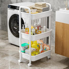 JOYZAN 3 Tier Rolling Carts with Wheels, Utility Cart with Handle and Locking Caster, Storage Cart for Kitchen, Office, Bedroom, Suitable for Diaper, Art Tools, Snack, Craft Storage Cabinet, White