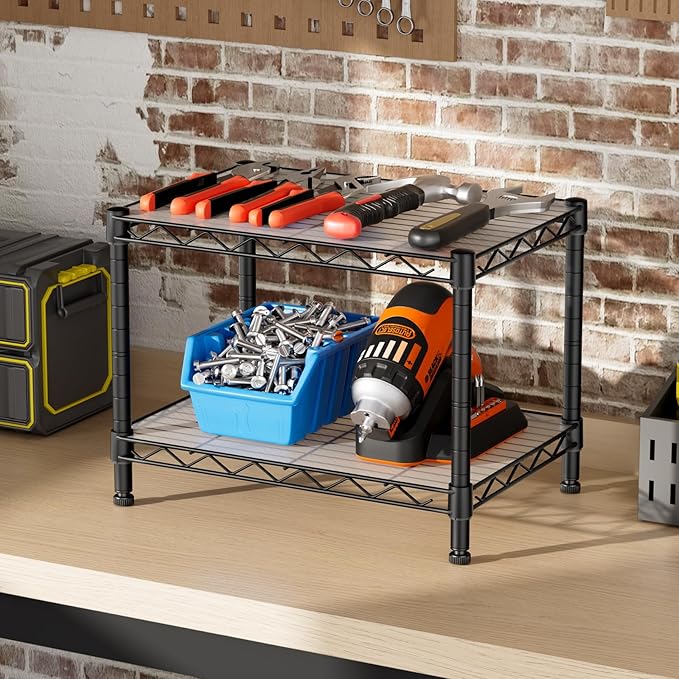 SINGAYE 2 Small Wire Shelves Kitchen Pantry Close Home Organizers and Storage Bathroom Shelf Laundry Room Organization Adjustable Book Metal Garage Shelving Unit