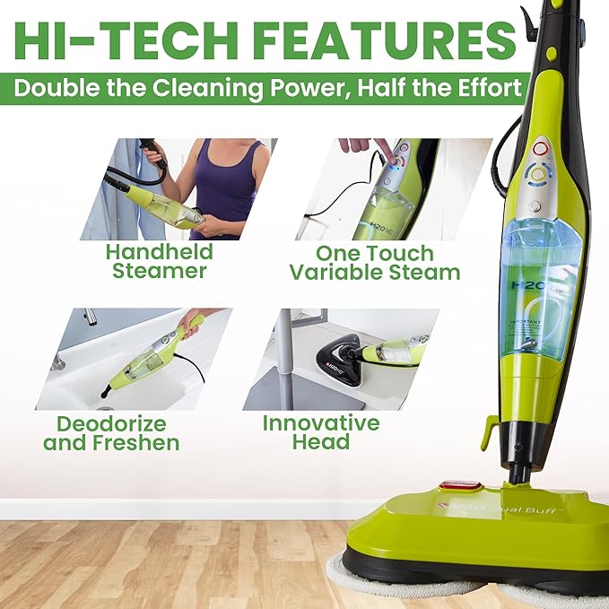 H2O HD Dual Buff Steam Mop, 8 in 1 Handheld Steam Cleaner For Kitchen Tile Floors, Hardwood Floors, Grout Cleaner, Upholstery Cleaner and Carpets, 2 washable scrub pads, 8 cleaning accessories