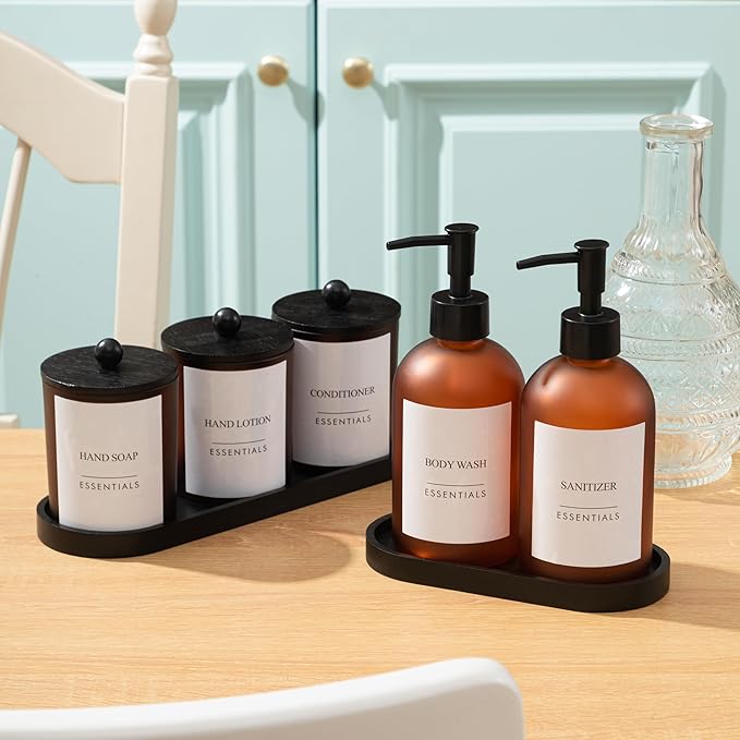 Yaomiao 5 Pack Bathroom Accessories Set, Modern Bathroom Decor Sets, Glass Liquid Soap Dispenser, Vanity Tray, Toothbrush Holder, Cotton Swab Jars with Lids for Sink Countertop(Amber,Frosted)