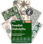 FEBU Swedish Dishcloths for Kitchen | 5 Pack Botanique Reusable Paper Towels Washable | Swedish Dish Towels | Non-Scratch Cellulose Sponge Cloths | No Odor, Biodegradable Cleaning Cloths