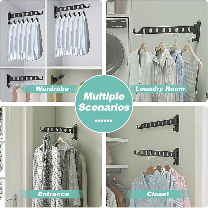 Laundry Drying Rack - Wall Mounted Clothes Hanger with Swing Arm, 8-Hole Hanging Bar & Swing Away Coat Hanger Holder, Foldable Space Saving, 180° Rotation (2-Pack, Black)