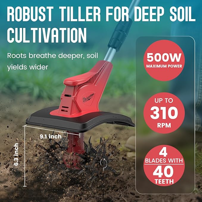 Cordless Tiller Cultivator Compatible with Milwaukee 18V Battery(Tool Only), Folding Electric Rototiller for Garden with 40 Steel Tines 310RPM, 9.1in Tilling Width and 6.3in Depth