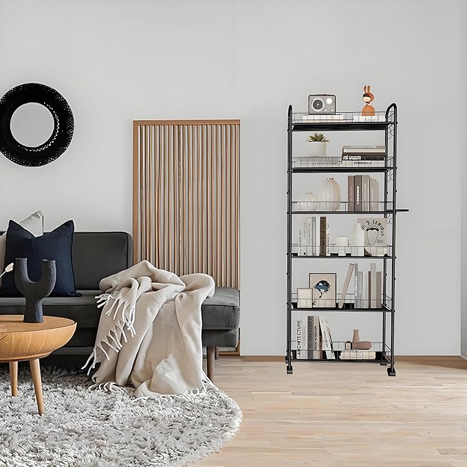 Slim Rolling Cart,6-Tier Storage Cart with Handle, 6in Mobile Shelving Unit with Wheels, Metal Wire Storage Rack with Baskets for Kitchen Bathroom Office Laundry Narrow Piaces