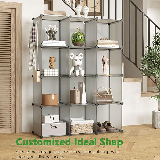 C&AHOME Cube Storage Organizer, 12-Cube Shelves Units, Closet Cabinet, DIY Plastic Modular Book Shelf, Ideal for Bedroom, Living Room, Office, 36.6" L x 12.4" W x 48.4" H Grey UPCS12G