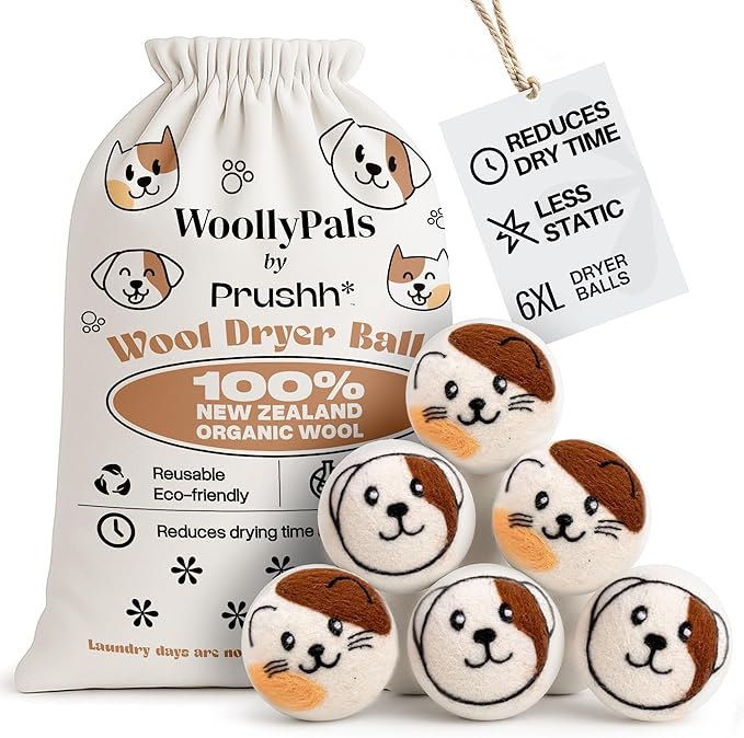 WoollyPals Wool Dryer Balls (6-Pack, XL Size)- 100% New Zealand Organic Wool - Sustainable & Eco-Friendly - Dry 1,000 Loads, Replaces Dryer Sheets, Reduces Static Cling, Reusable (Multi Colour)