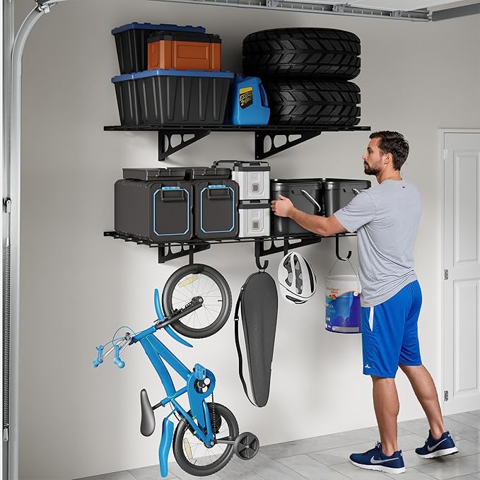 FLEXIMOUNTS 2-Pack 2x4ft Garage Shelving with Hooks, 24-inch-by-48-inch Wall Shelf Garage Storage Racks Floating Shelves, Black