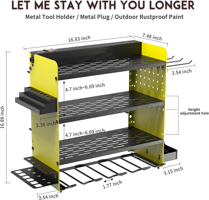 Power Tool Organizer with Charging Station, 4 Layers Drill Holder Wall Mount,Metal Garage Rack with 10A Power Strip,Tool Shelves with Hooks,Drill Bit Storage, for Men Dad (Green&Black)