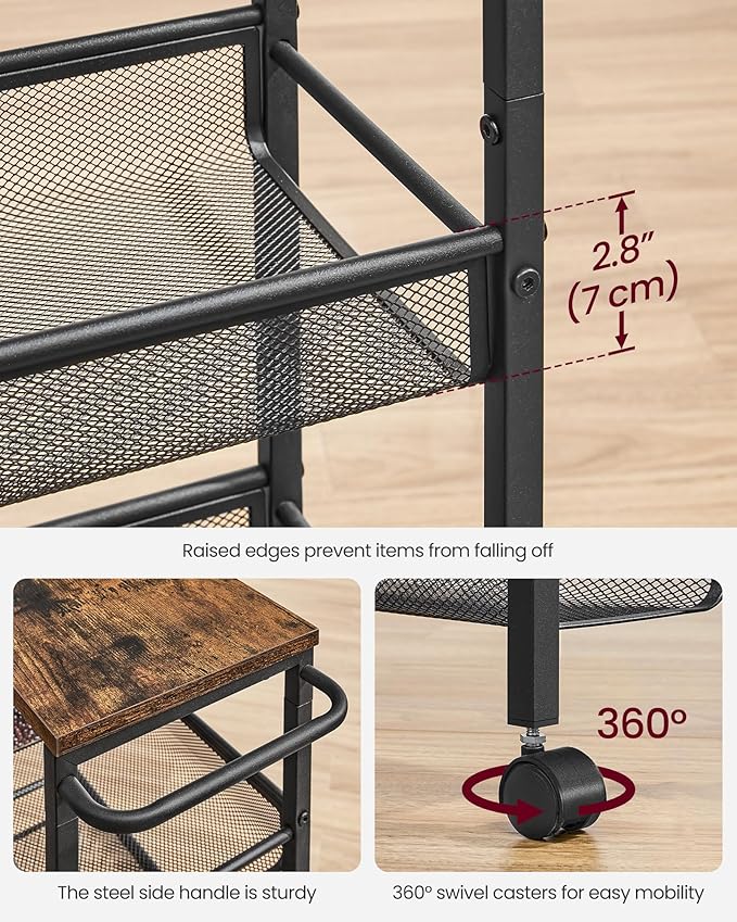 VASAGLE Slim Rolling Cart, 5-Tier Storage Cart, Narrow Cart with Handle, 8.7 Inches Deep, Metal Frame, for Kitchen, Dining Room, Living Room, Home Office, Rustic Brown and Classic Black ULRC035B01