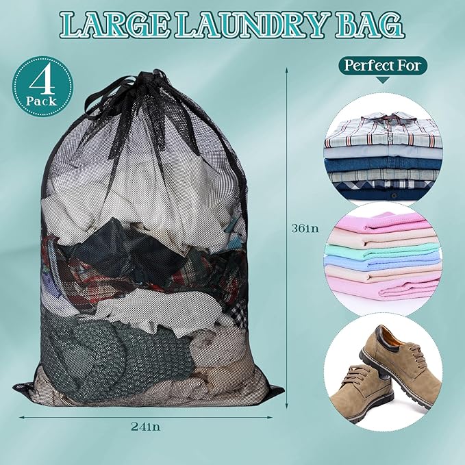 Aliceset 4 Pcs 24 x 36 Inches Mesh Laundry Bags with Drawstring Black Heavy Duty Mesh Laundry Bag with Handles Machine Washable Sheet for College Dormitory Family and Apartment Dwellers