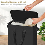 efluky Slim Laundry Basket with Lid, Narrow Laundry Hamper with Handles, Collapsible Dirty Clothes Hamper, Tall Laundry Bin for Laundry Room, Dorm and Bedroom, 55L Black