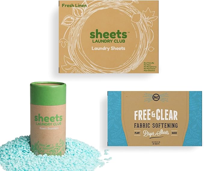 Sheets Laundry Club Bundle - 50 Pack (up to 100 loads) Fresh Linen Detergent Sheets, 40 Pack Vitality Dryer Sheets & 8 Oz. Uncharted Waters Scent Booster - New Liquidless Technology