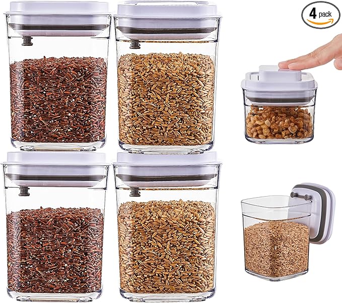 Pop Top Food Storage Container Set | 4Pcs Airtight Cereal Storage Organizer Canisters with Pop Lids, BPA-Free, Vacuum Seal & One-button Opening, Stackable Pantry Containers for Dry Food Storage