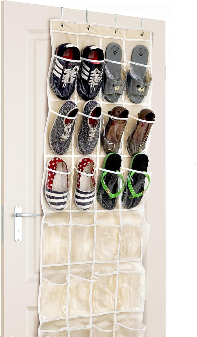 SIMPLE HOUSEWARE 24 Pockets - Crystal Clear Over The Door Hanging Shoe Organizer, Beige (64'' x 19'')