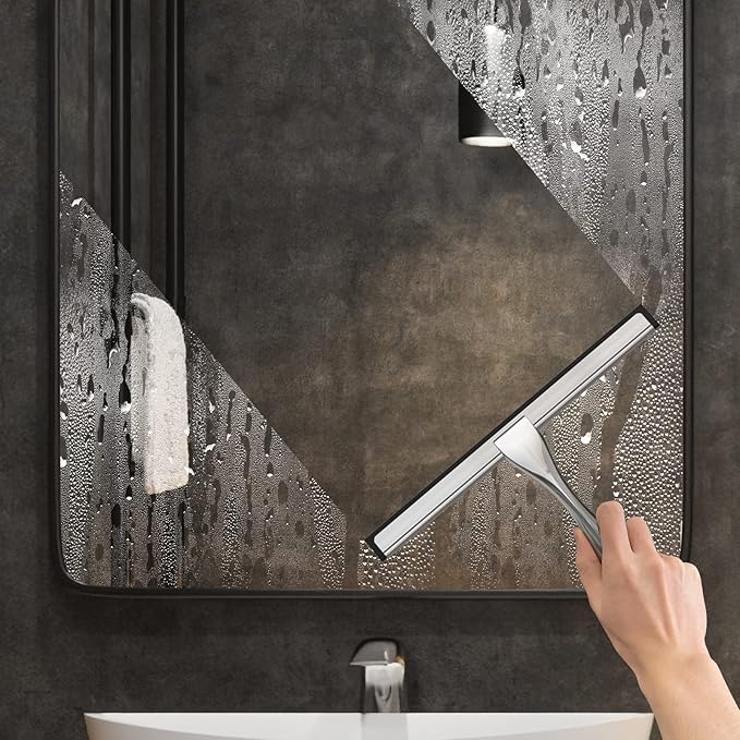 All-Purpose Stainless Steel Shower Squeegee for Shower Glass Door with Adhesive Hook, Bathroom Cleaner Tool Household Window Mirror Squeegee for Glass Doors, Cleaning Tile Wall, Car, 10 inch, Silver