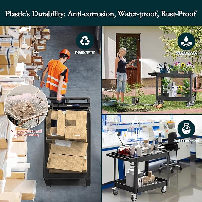 Heavy Duty Cart Utility Cart, Heavy Duty Rolling Service with Wheels, 500lbs Load Capacity, Durable Plastic & Deep Shelves for Warehouse, Garage, Cleaning - Swivel Wheels Easy Maneuverability