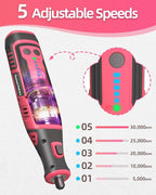 8V Cordless Rotary Tool Kit with 135pcs Accessories, 2.8Ah Battery Rechargeable Engraving Pen with LED Light, 5-Speed 30000RPM Power Rotary Tools for Drilling Grinding Sanding Polishing, Pink