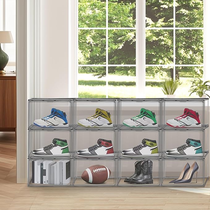4 Pack Clear Shoes Storage Box Organizer Acrylic Sneaker Shoe Display Case Stackable Storage Organizer with Lid,Black Size 14