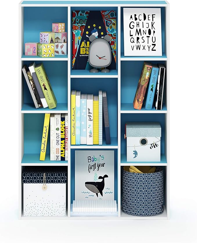 Furinno Luder Bookcase / Book / Storage , 11-Cube, White/Light Blue