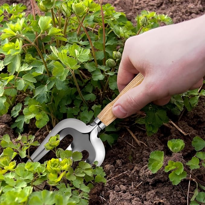 Metal Hand Cultivator Garden Tool with Wooden Handle，Manual Pitch Fork，Weed Digger Hand Tool (StyleC- 3 Pointed)
