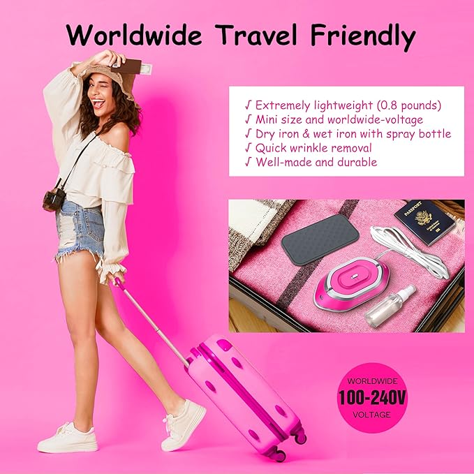 Newbealer Travel Iron with Global Voltage, 100-240V Mini Dry Iron for Clothes (No Steam), Max 300W, 60s Heat Up, 302℉ Non-Stick Ceramic Soleplate, 0.8lbs Ultra-Lightweight (Hotpink)