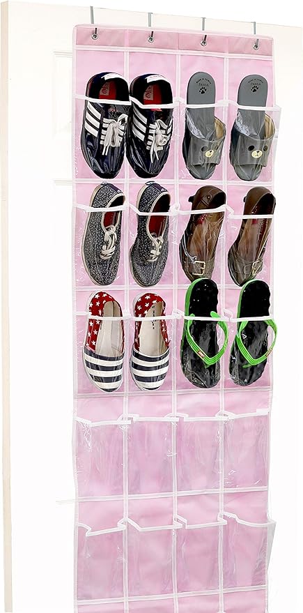 Simple Houseware 24 Pockets - Crystal Clear Over The Door Hanging Shoe Organizer, Pink (64'' x 19'')