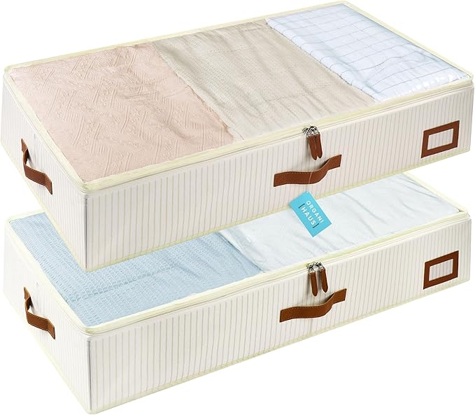 OrganiHaus Under Bed Storage Containers, Bedroom Storage and Organization Bins, Clothes Organizer for Closet with Clear Cover and Reinforced Handles - Set of 2 33x17x6 inches White Striped