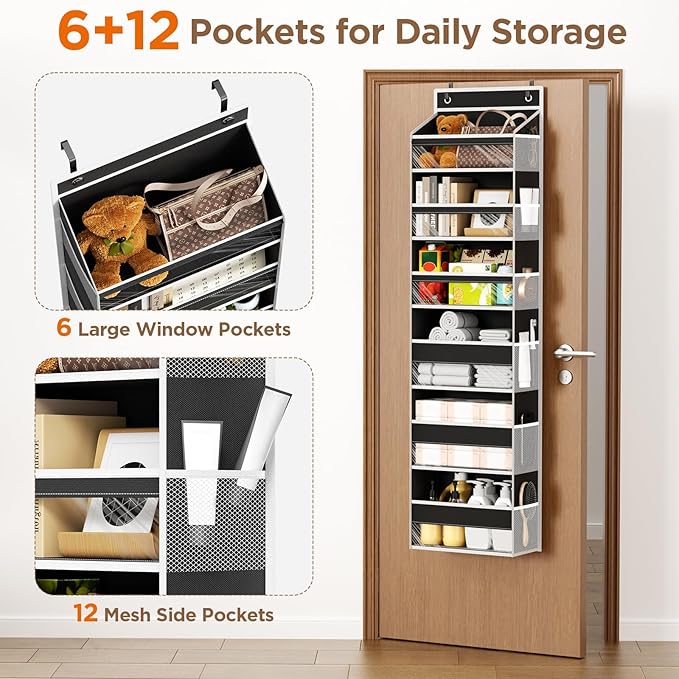 Over The Door Organizer, 6 Shelf Door Hanging Organizers with 6 Large Capacity Pockets, Behind Door Storage Hanging Shelves for Closet Wall Bathroom Bedroom Nursery
