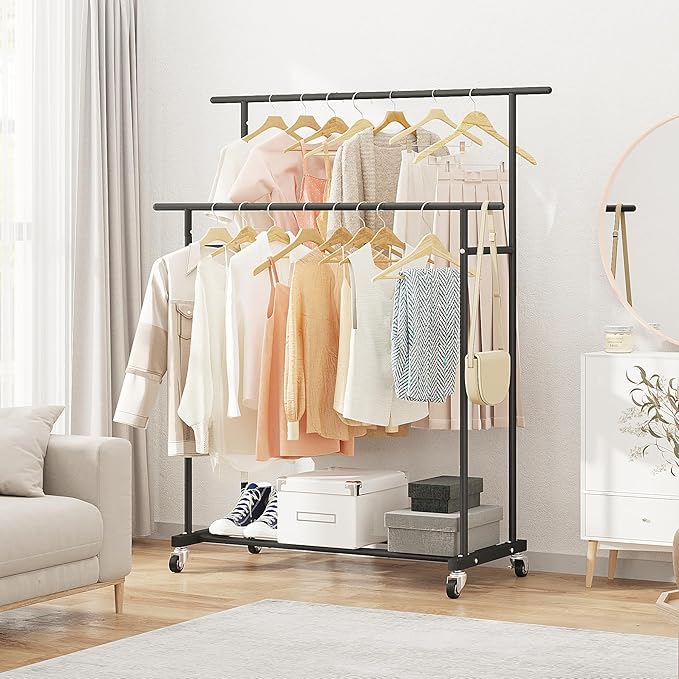 Calmootey Double Rod Clothing Garment Rack,Rolling Hanging Clothes Rack,Portable Clothes Organizer for Bedroom,Living Room,Clothing Store,Black