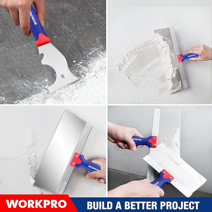 WORKPRO Drywall Tools, Stainless Steel Taping Knife 8 in 1 Painting Scraper with Mud Pan, Spackle Knife Set for Drywall Repairing, Paint Scraping and Wallpaper Removing