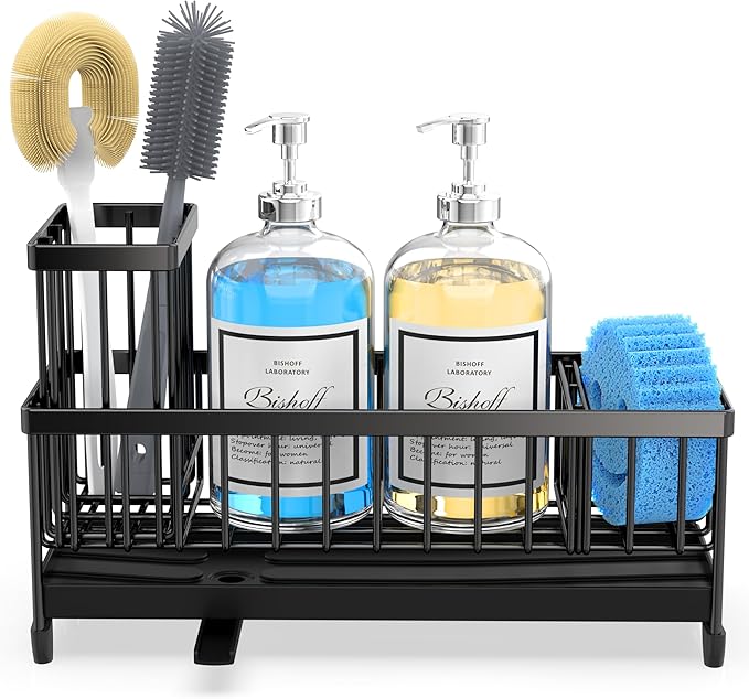Moforoco Extra Large Sponge Holder for Kitchen Sink Organizer Caddy, Dish Brush Scrubber Holder,Stainless Steel Sink Box Utensil Holder,Soap Dispenser Set Tray Counter Accessories & Storage Rack