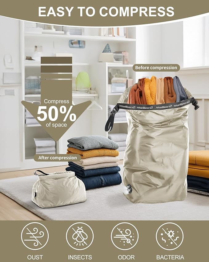 Travel Laundry Bag, Pump Free Vacuum Storage Bag Reusable Compression Dirty Clothes Travel Bag Waterproof Wet Dry Bags Large Capacity Space Saver Bags Camp Clothes Organizer (1 Pcs)(Gray, M)