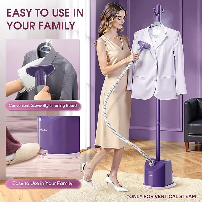 Newbealer Standing Garment Steamer - 1500W Full-Size Vertical Clothes Steamer with Foot Pedal, 57.5oz (1.7L) Large Water Tank, 45s Fast Heat-Up, 50-Min Powerful Steaming, Auto-Off (Purple)