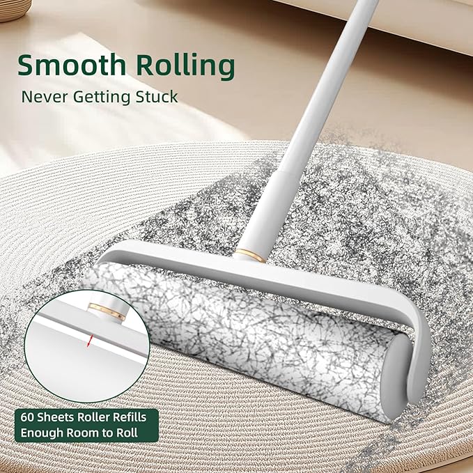 Large Lint Rollers for Pet Hair, Floor Lint Roller with 9.45 in Giant Lint Roller Refill 360 Sheets Total, Extendable Handle Sticky Rollers for Floor, Carpet, Furniture, Clothing & Couch (White)