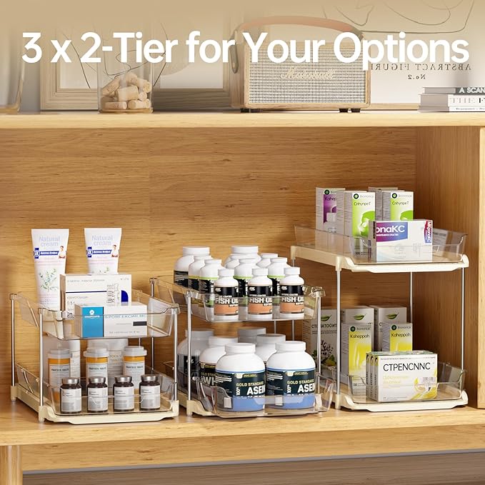 Delamu 2 Pack 3-Tier Bathroom Under Sink Organizers and Storage, Multi-Purpose Stackable Pantry Organization and Storage, Pull Out Clear Kitchen Bathroom Cabinet Organizer with Movable Dividers, Beige