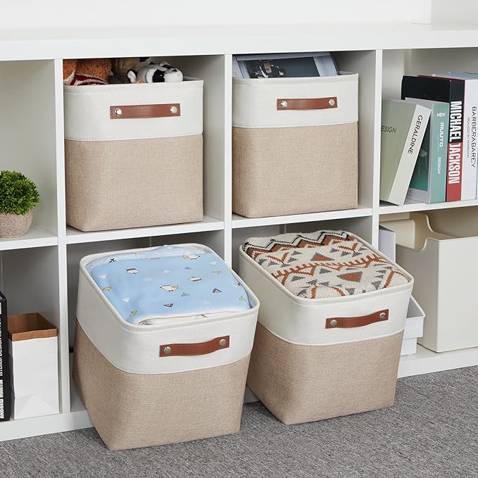 HNZIGE Foldable Storage Cubes Baskets for Organizing Set of 4, Fabric Cube Storage Bins 11 x11, Collapsible Storage Basket Bins Cube with Handles for Shelves Home Nursery(White Beige)