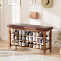 39.4“Entryway Shoe Storage Bench with Leather Cushion, Farmhouse Wooden Shoe Rack Bench with 3 Tire Under Bench Shoe Storage, Adjustable Shelf and Seating, for Hallway, Front door, Outdoor