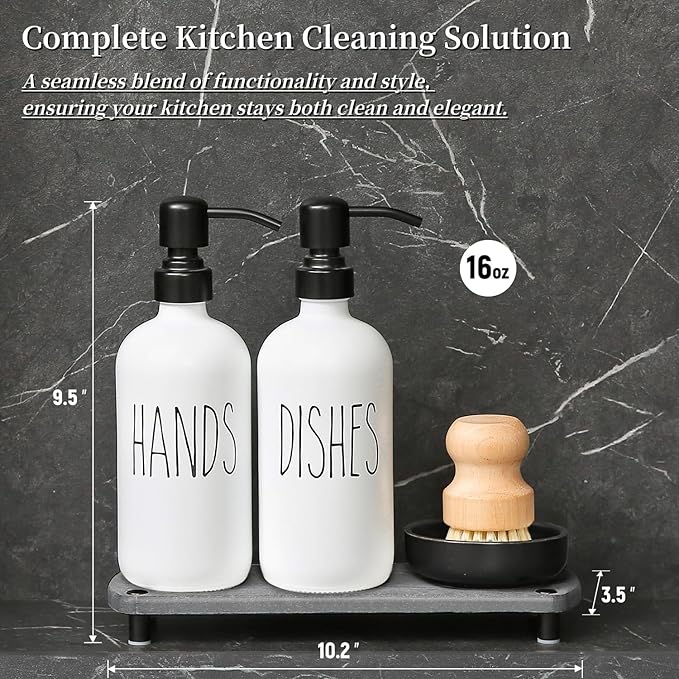 MOMEEMO White Soap Dispenser Set Comes with Stainless Pumps, Black Instant Dry Tray, and Dish Scrub Brush, Suitable for Kitchen Decor and Accessories. (White & Black)