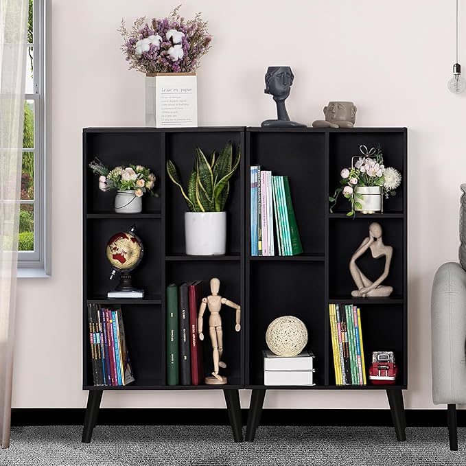 YAHARBO Small Black Narrow Bookshelf,3 Tier Modern Bookcase with Legs,Bookshelves Wood Storage Shelf,Rustic Book Shelves Cube Organizer,Display Bookcase